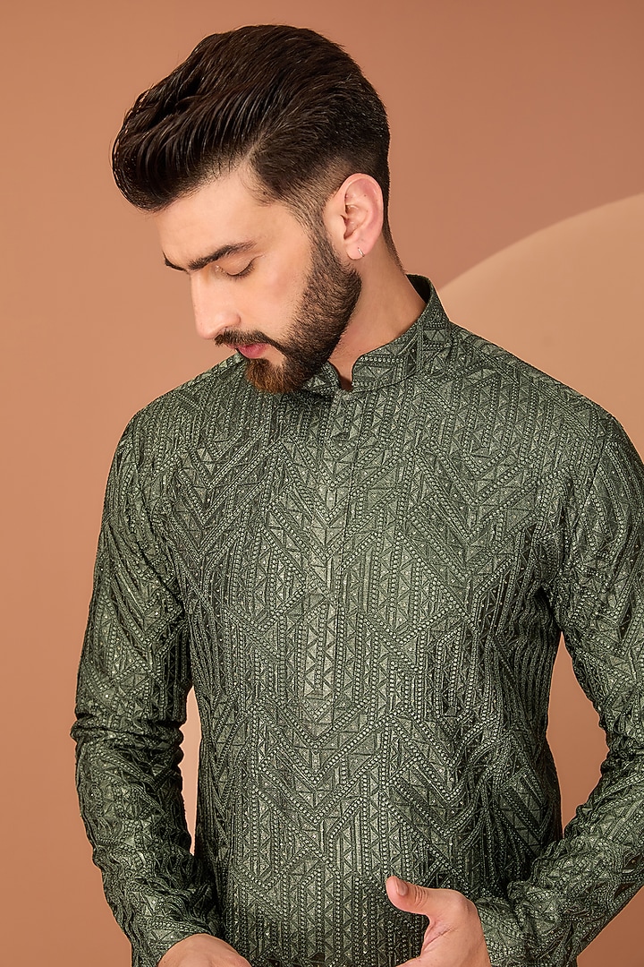Military Green Silk Thread Embroidered Kurta by Kasbah Clothing at Pernia's Pop Up Shop