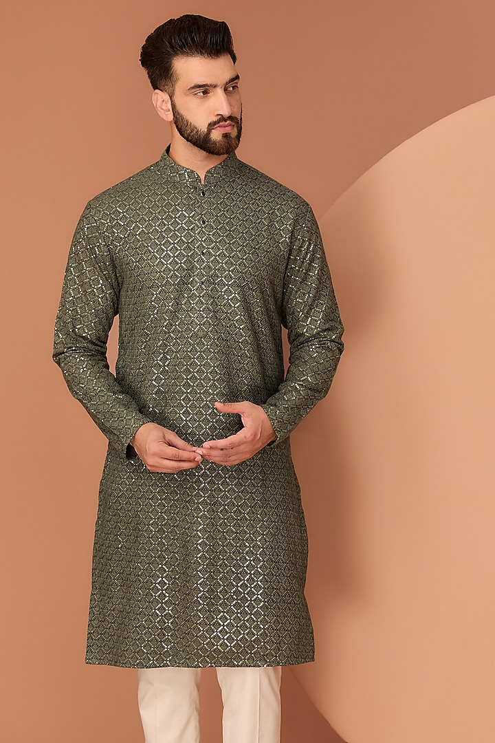 Military Green Silk Thread Embroidered Kurta by Kasbah Clothing