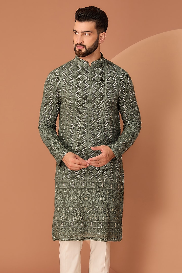 Military Green Georgette Chikankari Embroidered Kurta by Kasbah Clothing