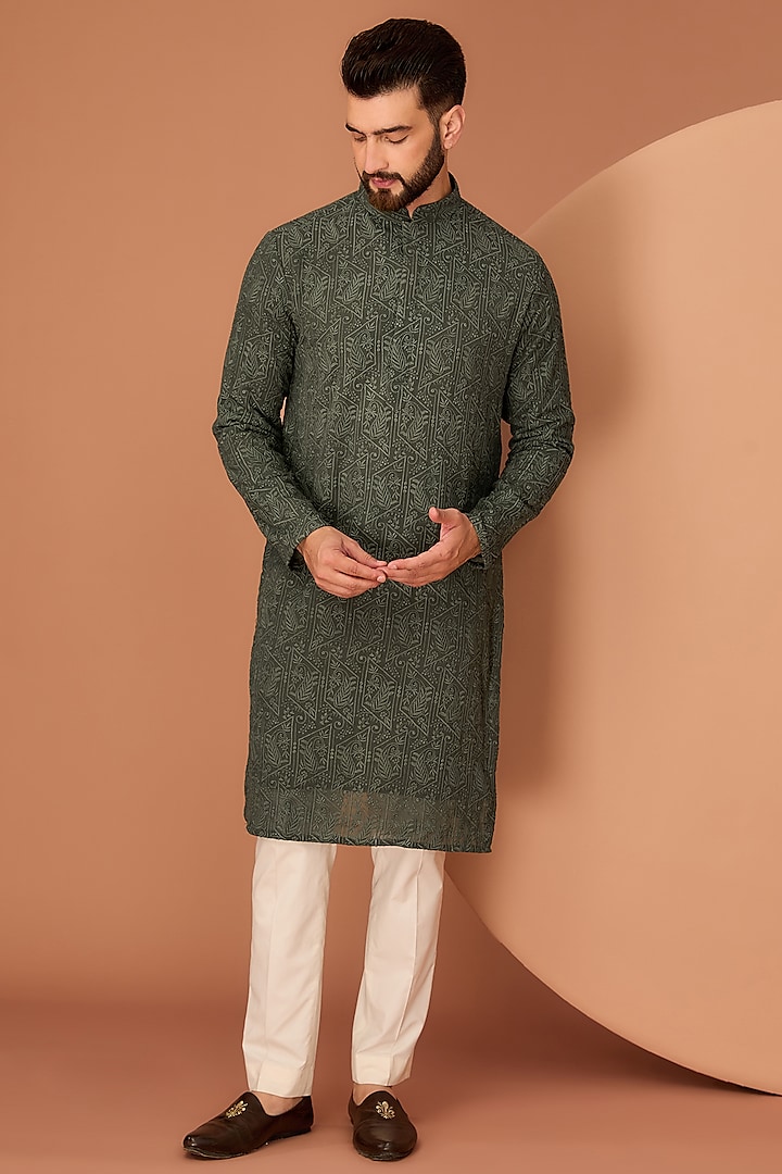 Military Green Georgette Chikankari Threadwork Kurta by Kasbah Clothing