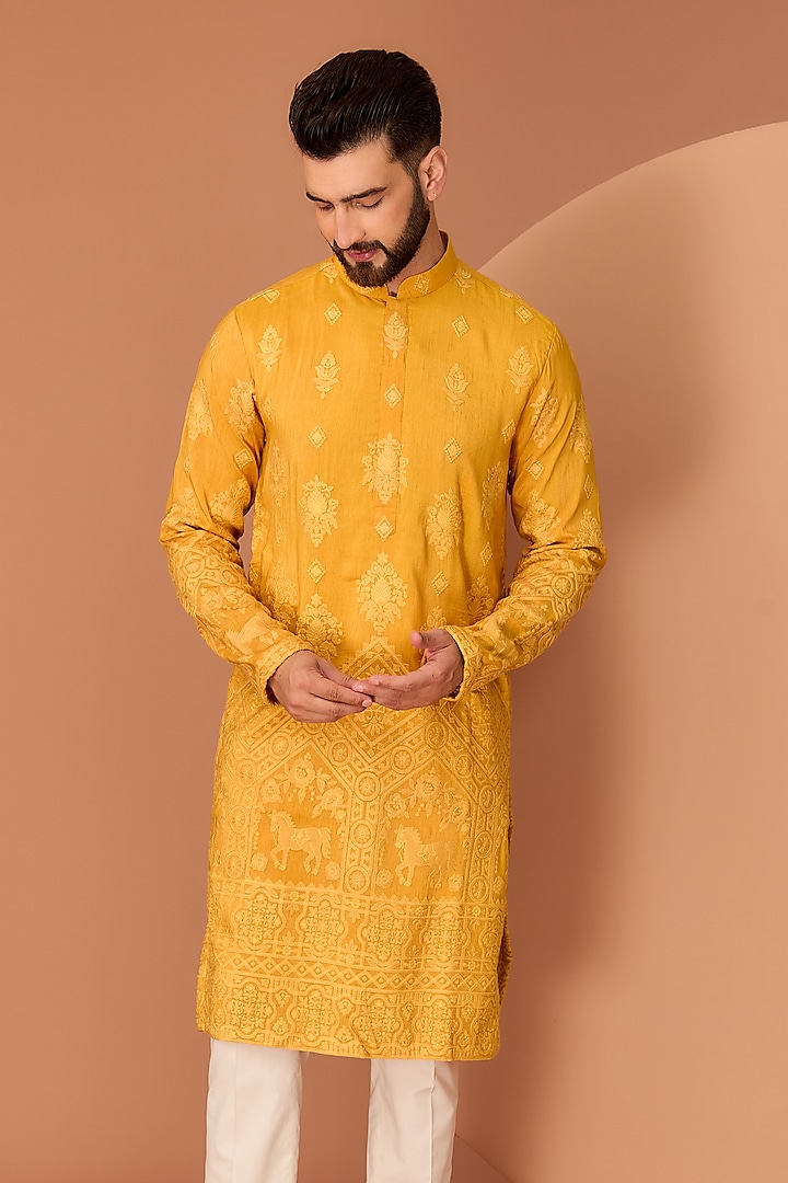 Mustard Silk Chikankari Embroidered Kurta by Kasbah Clothing