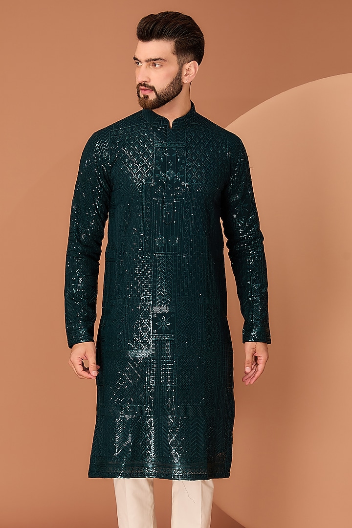 Bottle Green Georgette Sequins Embroidered Kurta by Kasbah Clothing at Pernia's Pop Up Shop