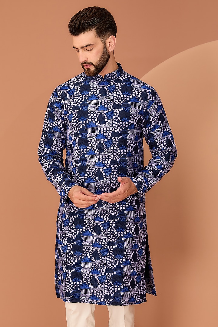 Navy Blue Silk Thread Work Kurta by Kasbah Clothing