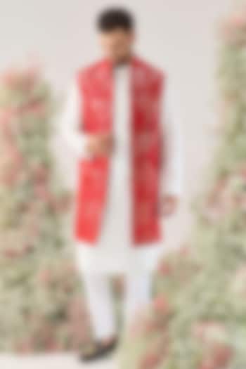 Red Silk Mirror Work Long Jacket by Kasbah Clothing at Pernia's Pop Up Shop