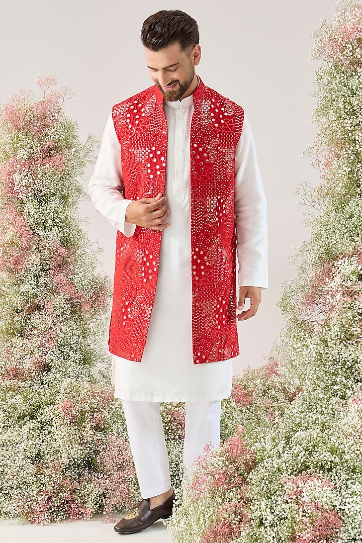 Red Silk Mirror Work Long Jacket by Kasbah Clothing at Pernia's Pop Up Shop