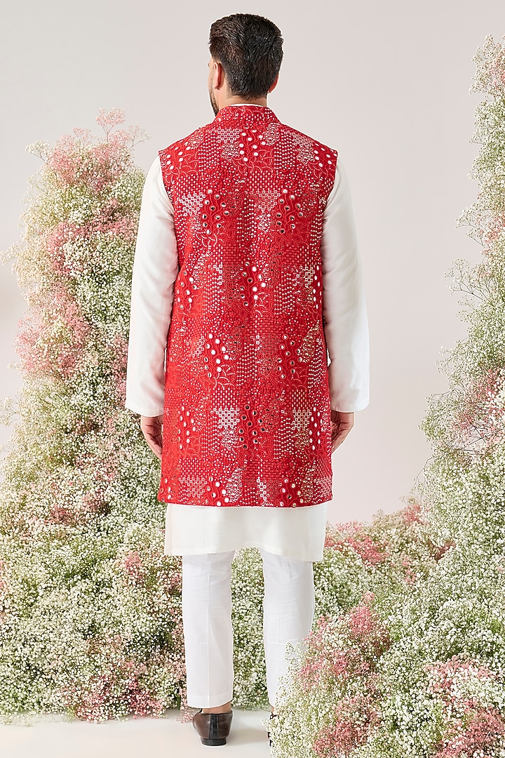 Red Silk Mirror Work Long Jacket by Kasbah Clothing at Pernia's Pop Up Shop