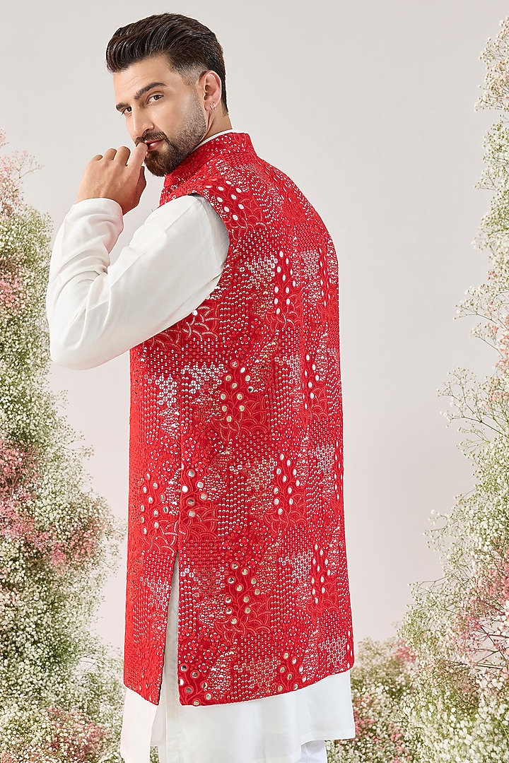 Red Silk Mirror Work Long Jacket by Kasbah Clothing at Pernia's Pop Up Shop