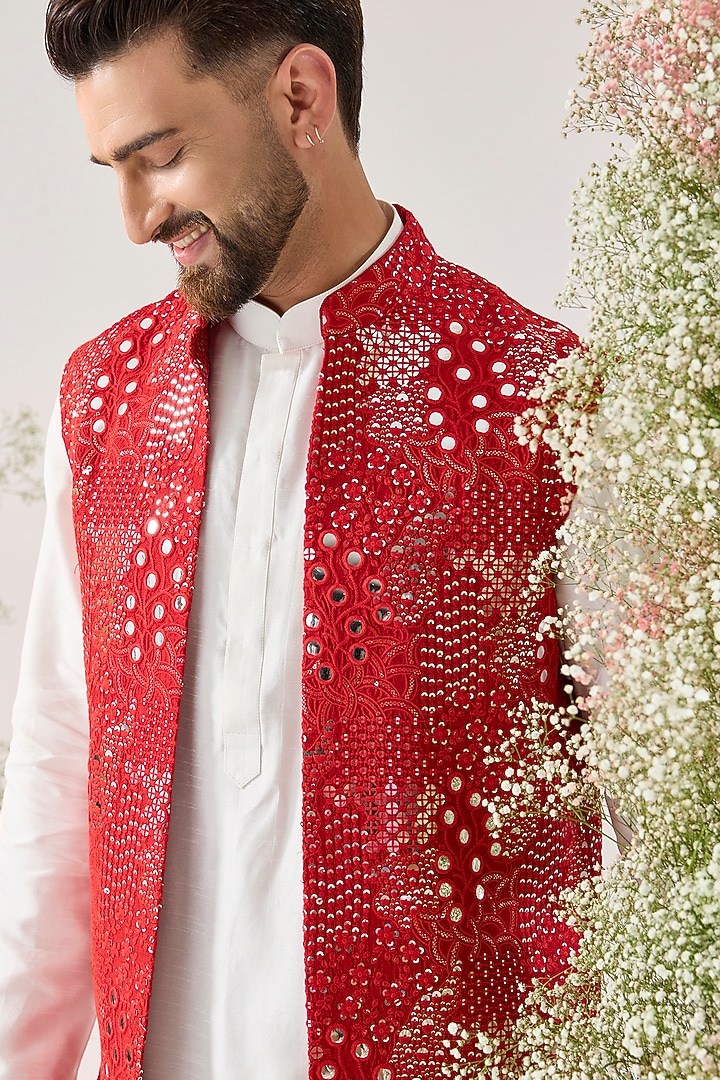 Red Silk Mirror Work Long Jacket by Kasbah Clothing at Pernia's Pop Up Shop