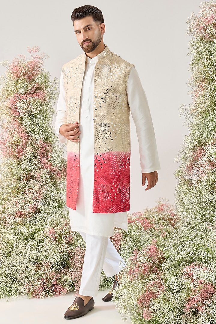 Cream-Pink Ombre Silk Mirror Work Long Jacket by Kasbah Clothing at Pernia's Pop Up Shop