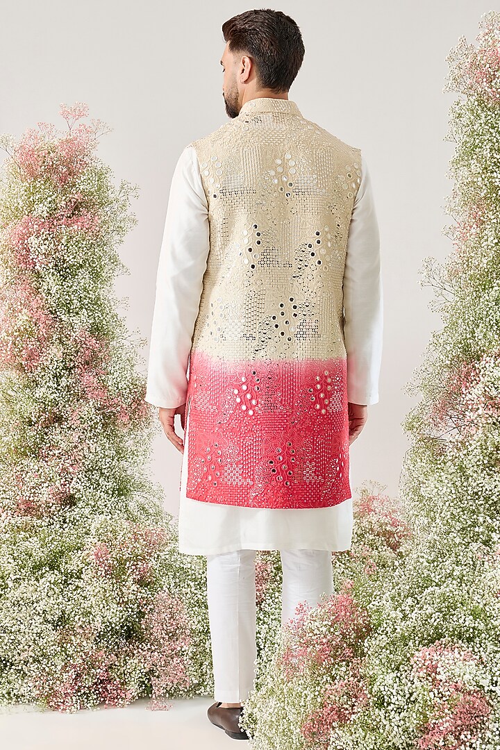 Cream-Pink Ombre Silk Mirror Work Long Jacket by Kasbah Clothing at Pernia's Pop Up Shop