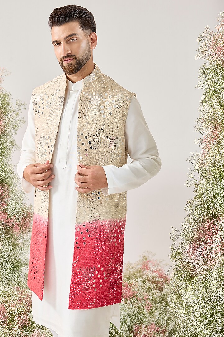 Cream-Pink Ombre Silk Mirror Work Long Jacket by Kasbah Clothing at Pernia's Pop Up Shop