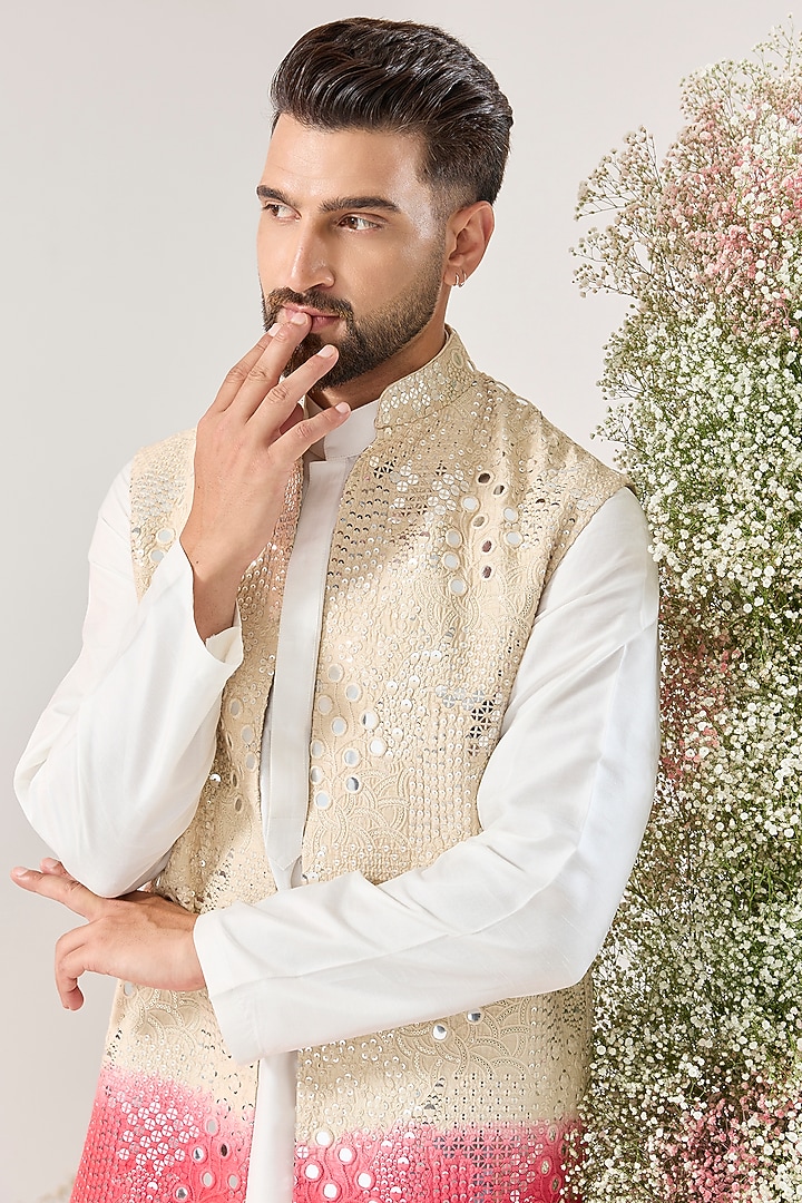Cream-Pink Ombre Silk Mirror Work Long Jacket by Kasbah Clothing at Pernia's Pop Up Shop