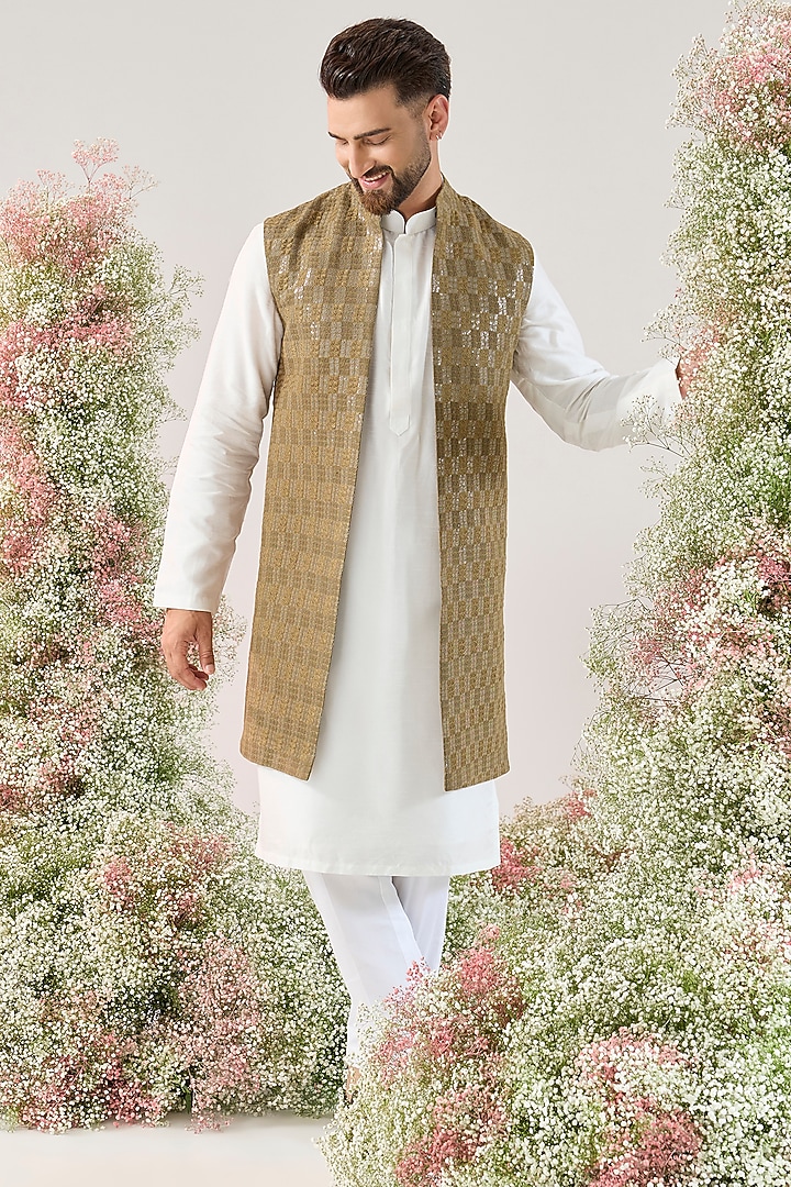 Beige Georgette Thread Work Long Jacket by Kasbah Clothing at Pernia's Pop Up Shop