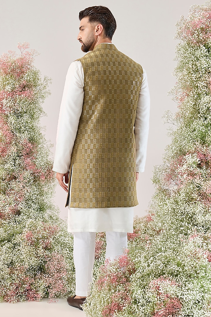Beige Georgette Thread Work Long Jacket by Kasbah Clothing at Pernia's Pop Up Shop
