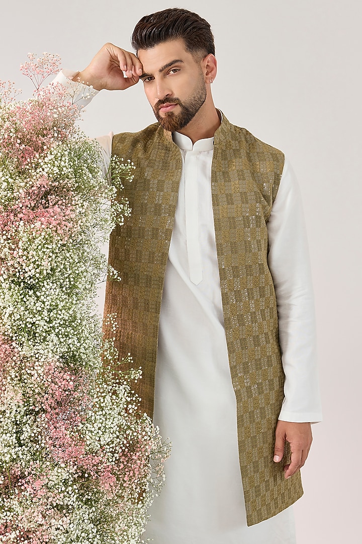 Beige Georgette Thread Work Long Jacket by Kasbah Clothing at Pernia's Pop Up Shop