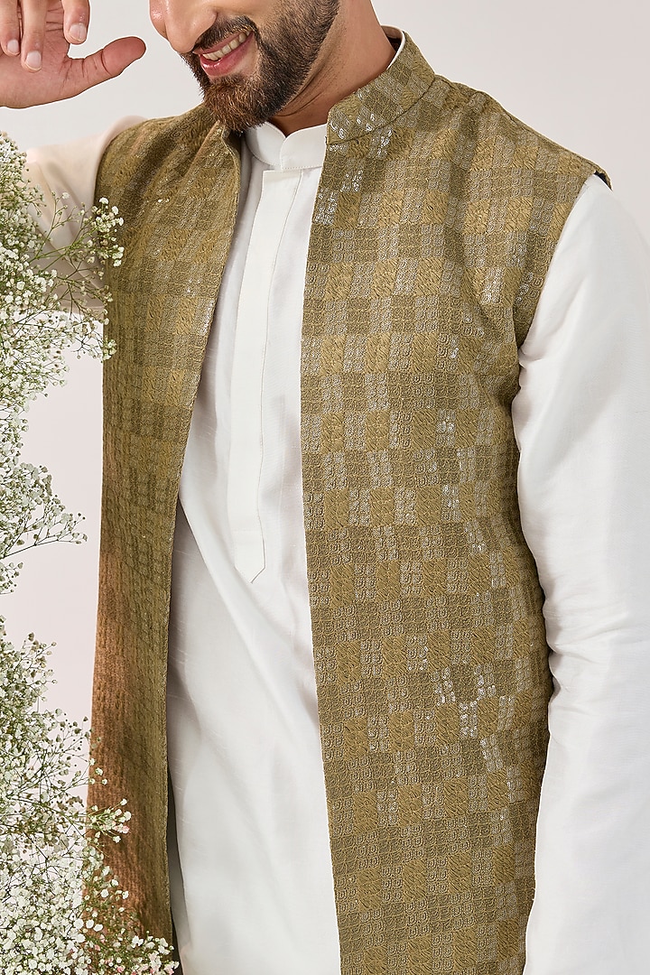 Beige Georgette Thread Work Long Jacket by Kasbah Clothing at Pernia's Pop Up Shop