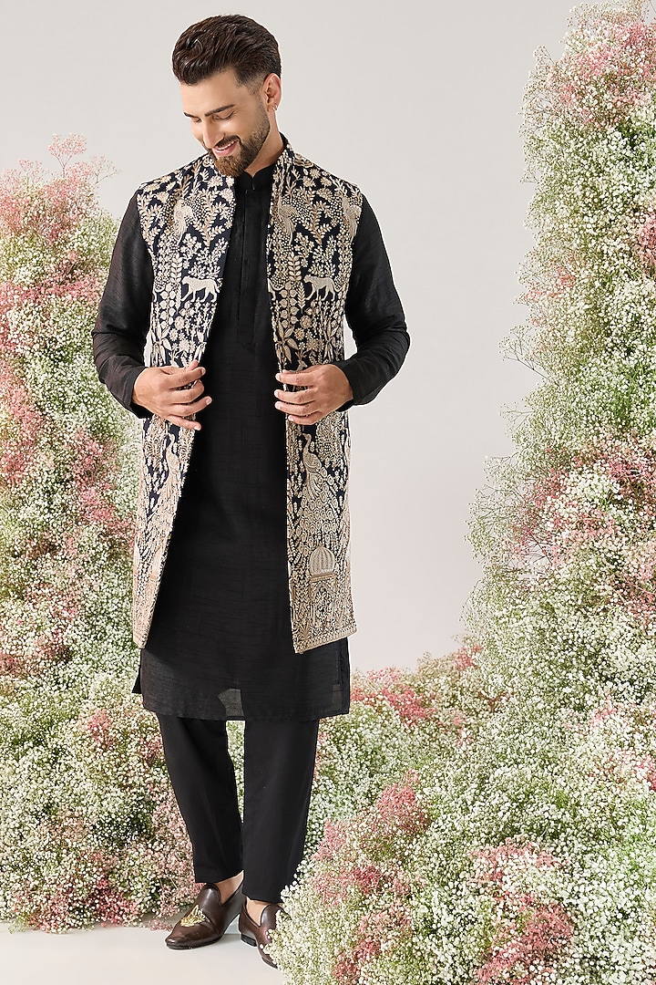 Blue Georgette Sequins Long Jacket by Kasbah Clothing at Pernia's Pop Up Shop