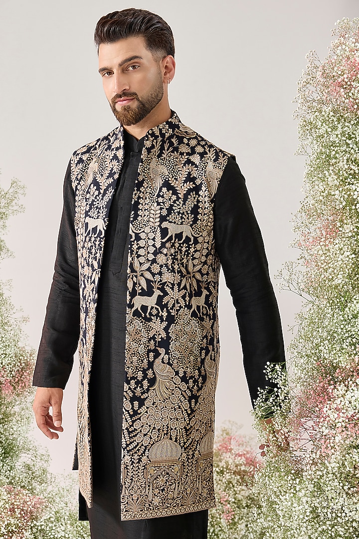 Blue Georgette Sequins Long Jacket by Kasbah Clothing at Pernia's Pop Up Shop