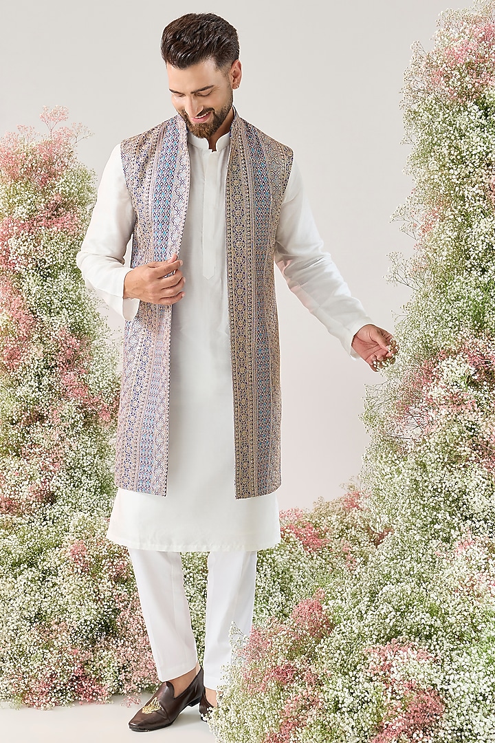 Blue-Purple Georgette Zari Work Long Jacket by Kasbah Clothing at Pernia's Pop Up Shop