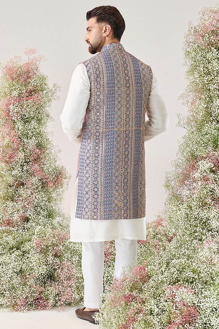 Blue-Purple Georgette Zari Work Long Jacket by Kasbah Clothing at Pernia's Pop Up Shop