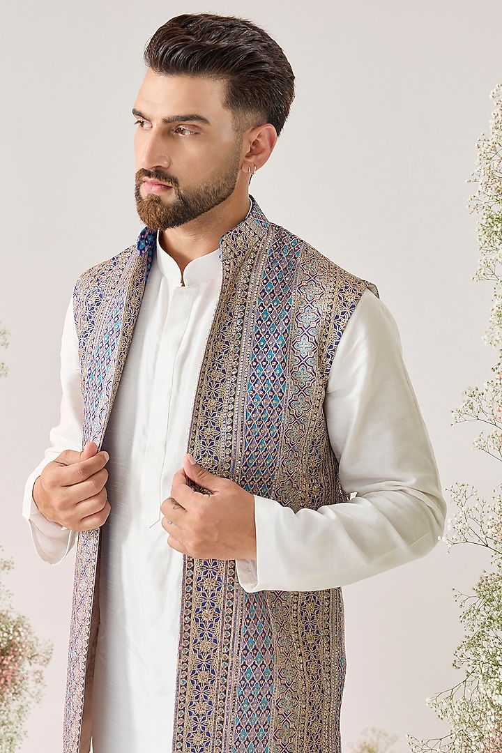 Blue-Purple Georgette Zari Work Long Jacket by Kasbah Clothing at Pernia's Pop Up Shop