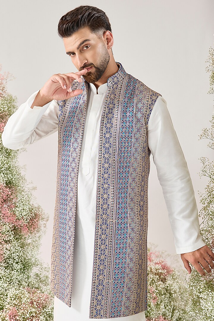 Blue-Purple Georgette Zari Work Long Jacket by Kasbah Clothing at Pernia's Pop Up Shop