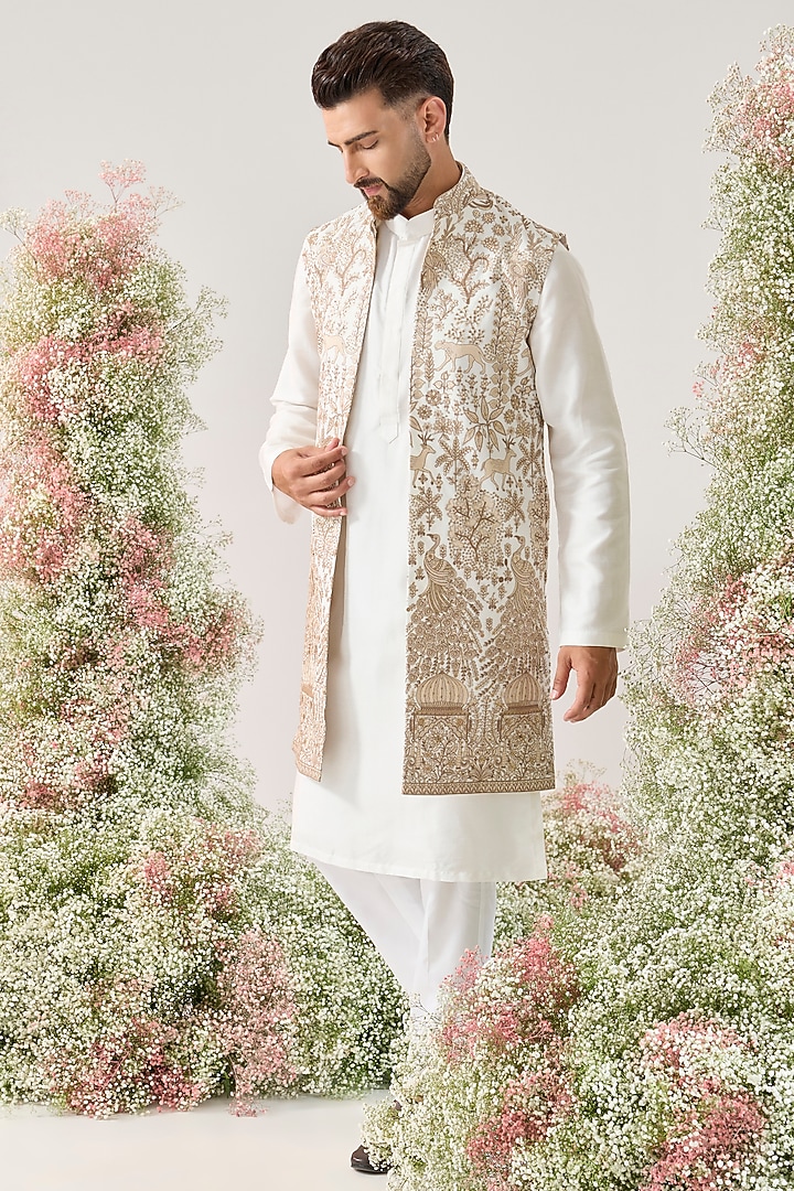 White Georgette Flora & Fauna Motifs Long Jacket by Kasbah Clothing at Pernia's Pop Up Shop