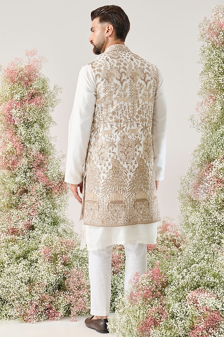 White Georgette Flora & Fauna Motifs Long Jacket by Kasbah Clothing at Pernia's Pop Up Shop