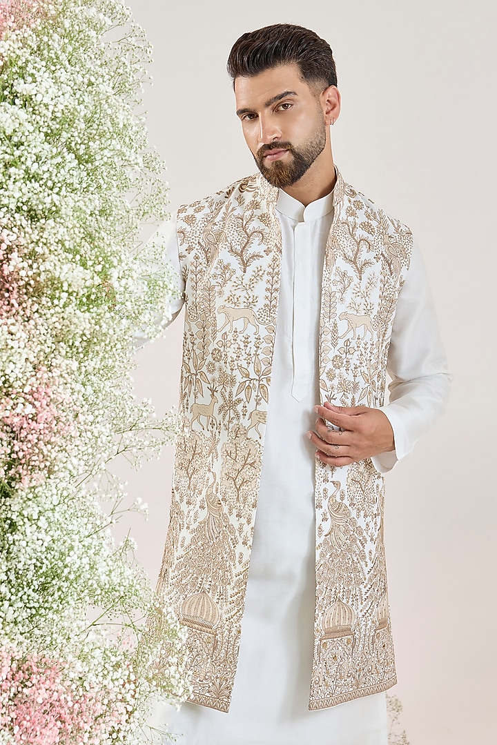 White Georgette Flora & Fauna Motifs Long Jacket by Kasbah Clothing at Pernia's Pop Up Shop