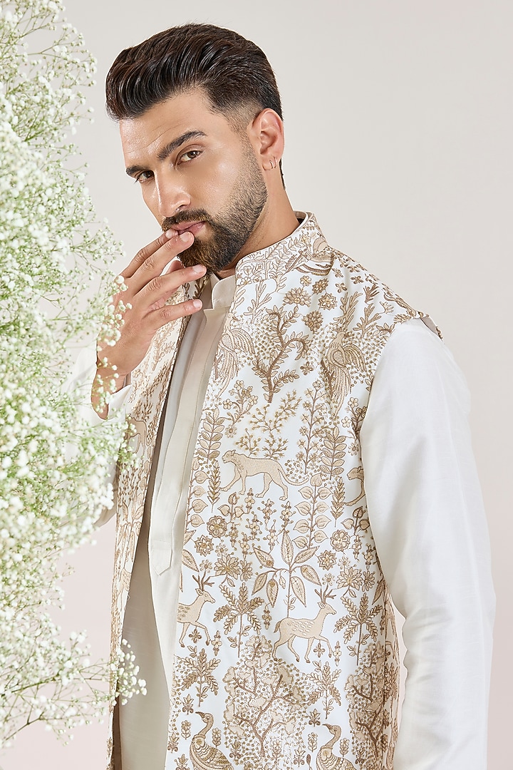 White Georgette Flora & Fauna Motifs Long Jacket by Kasbah Clothing at Pernia's Pop Up Shop