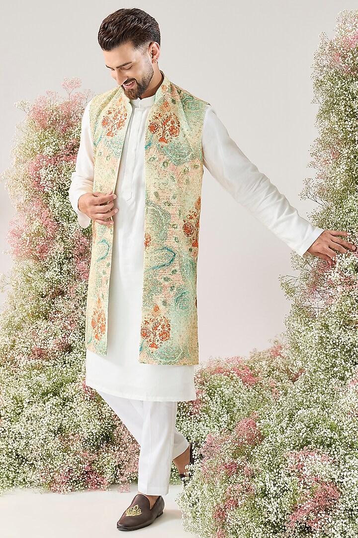 Multi-Colored Georgette Kalamkari Embroidered Long Jacket by Kasbah Clothing at Pernia's Pop Up Shop
