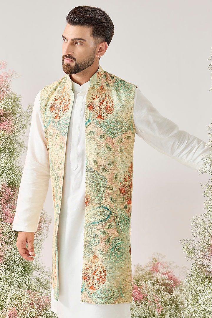 Multi-Colored Georgette Kalamkari Embroidered Long Jacket by Kasbah Clothing at Pernia's Pop Up Shop
