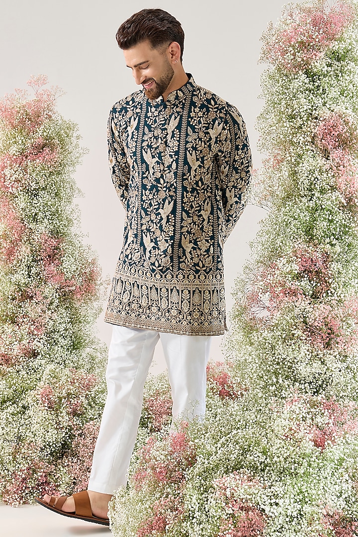 Teal Georgette Chikankari Short Kurta by Kasbah Clothing at Pernia's Pop Up Shop