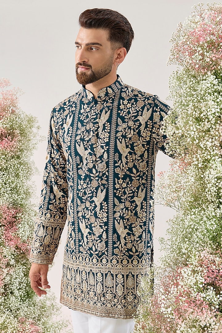 Teal Georgette Chikankari Short Kurta by Kasbah Clothing at Pernia's Pop Up Shop