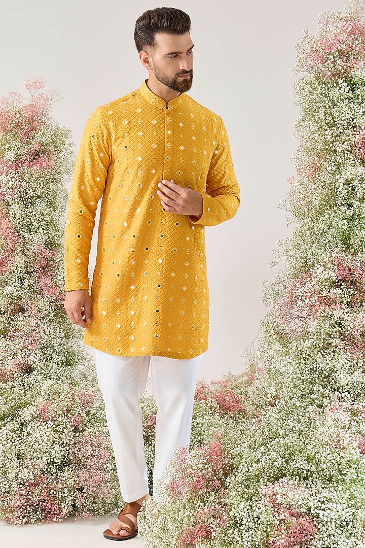 Mustard Yellow Silk Mirror Work Short Kurta by Kasbah Clothing at Pernia's Pop Up Shop