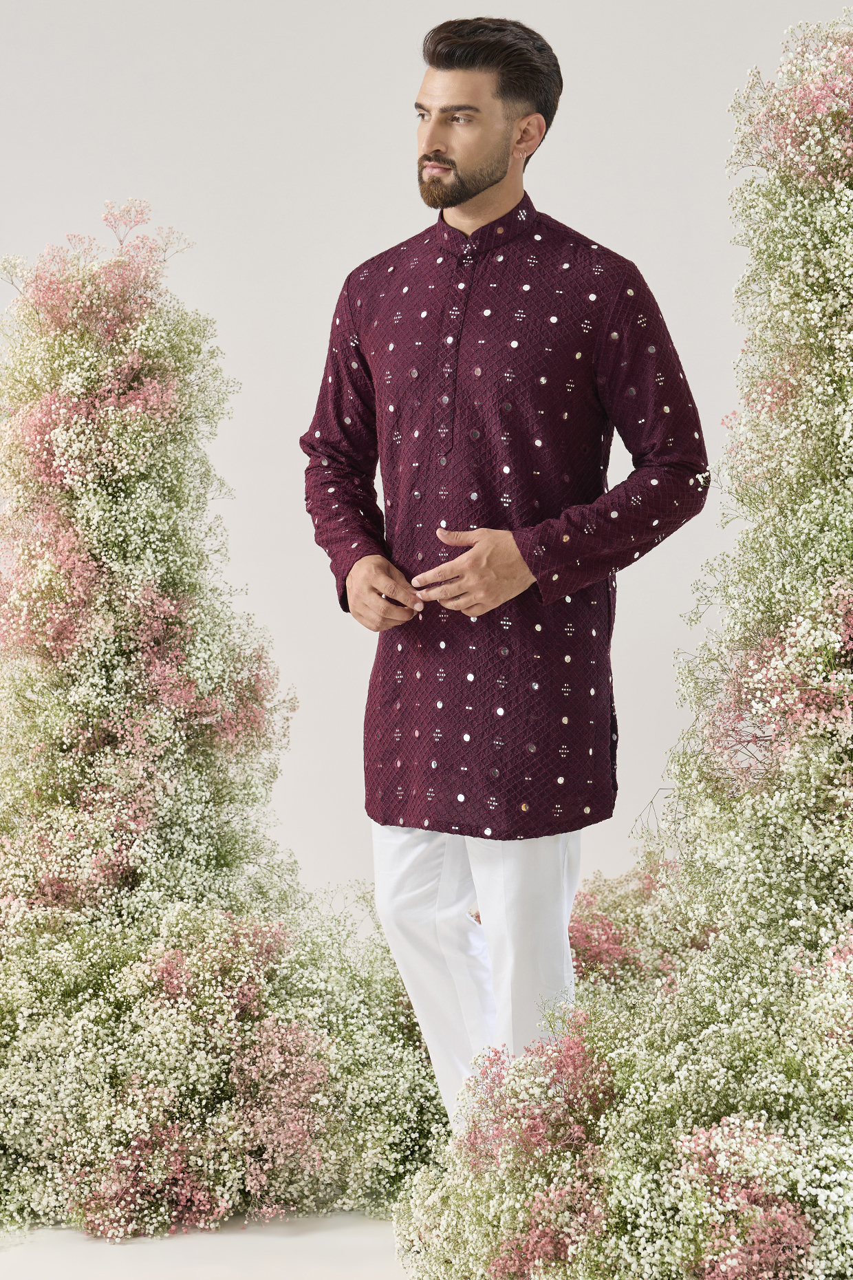 Wine Silk Mirror Work Short Kurta by Kasbah Clothing