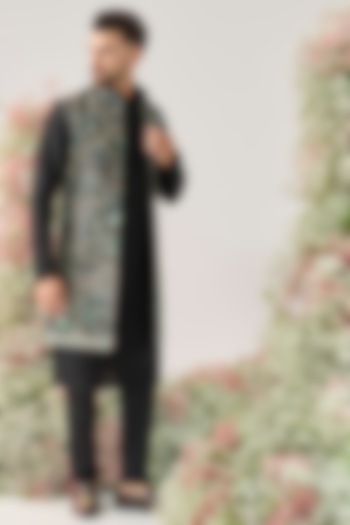 Black Georgette Flora & Fauna Long Jacket by Kasbah Clothing