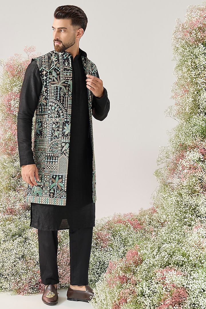 Black Georgette Flora & Fauna Long Jacket by Kasbah Clothing