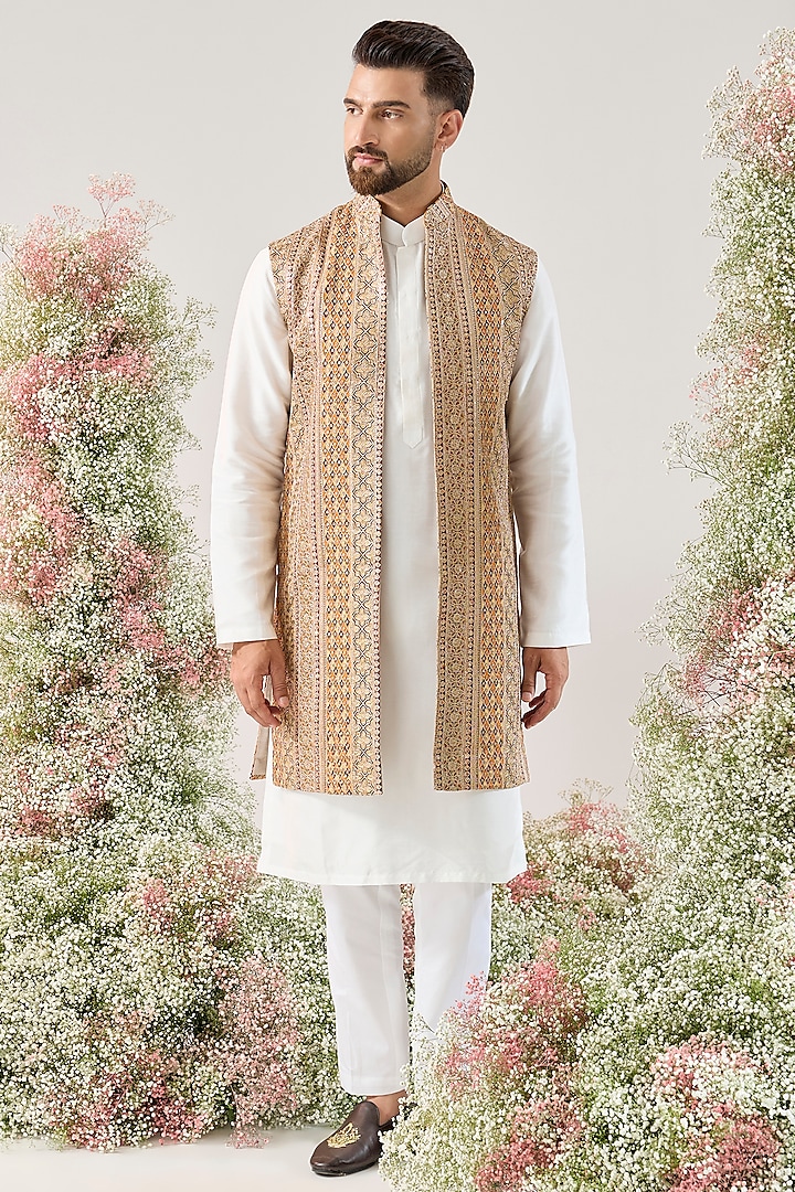 Orange Georgette Zari Work Long Jacket by Kasbah Clothing