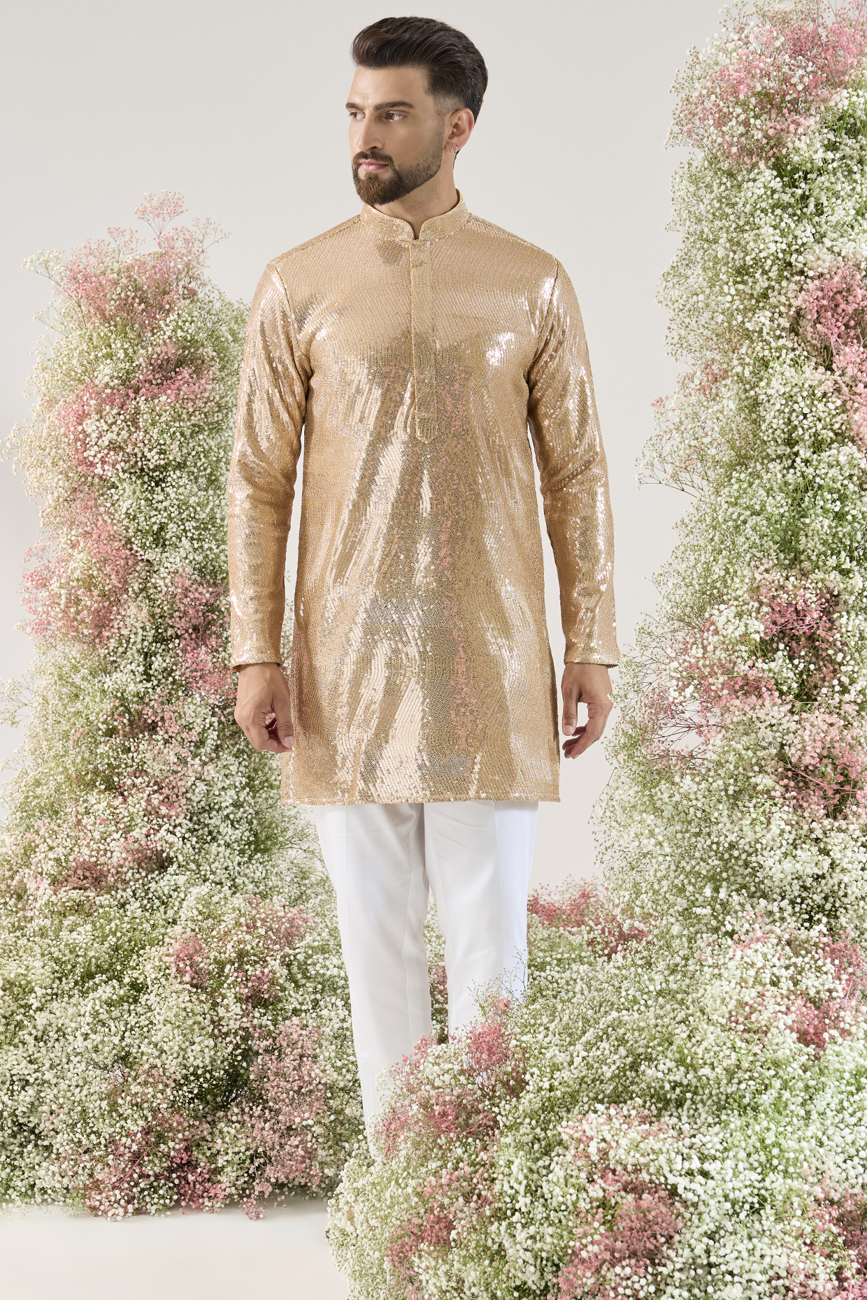 Gold Georgette Sequined Short Kurta by Kasbah Clothing