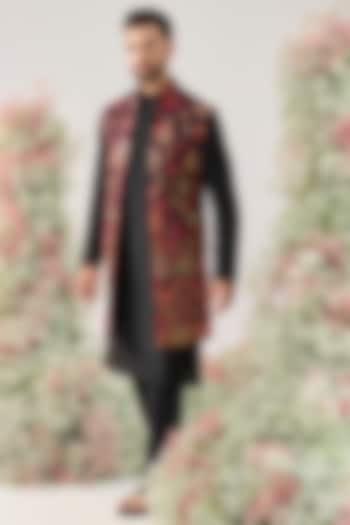 Wine Georgette Floral & Fauna Motifs Long Jacket by Kasbah Clothing