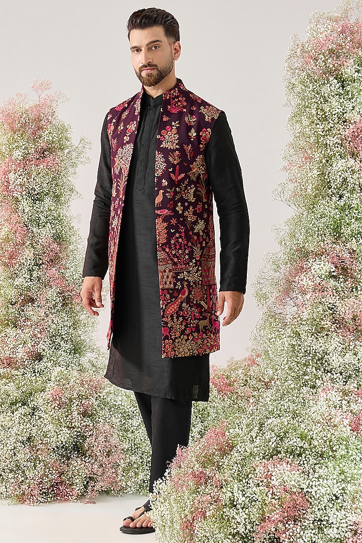 Wine Georgette Floral & Fauna Motifs Long Jacket by Kasbah Clothing
