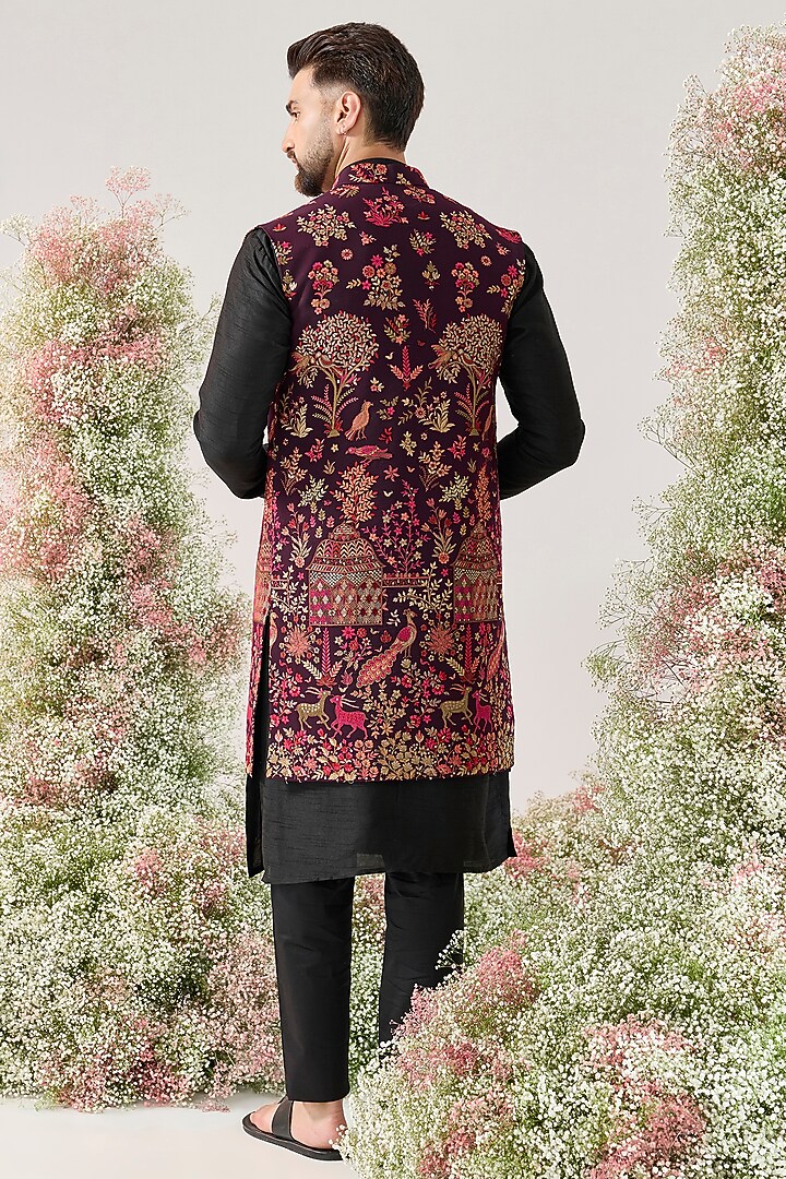 Wine Georgette Floral & Fauna Motifs Long Jacket by Kasbah Clothing at Pernia's Pop Up Shop