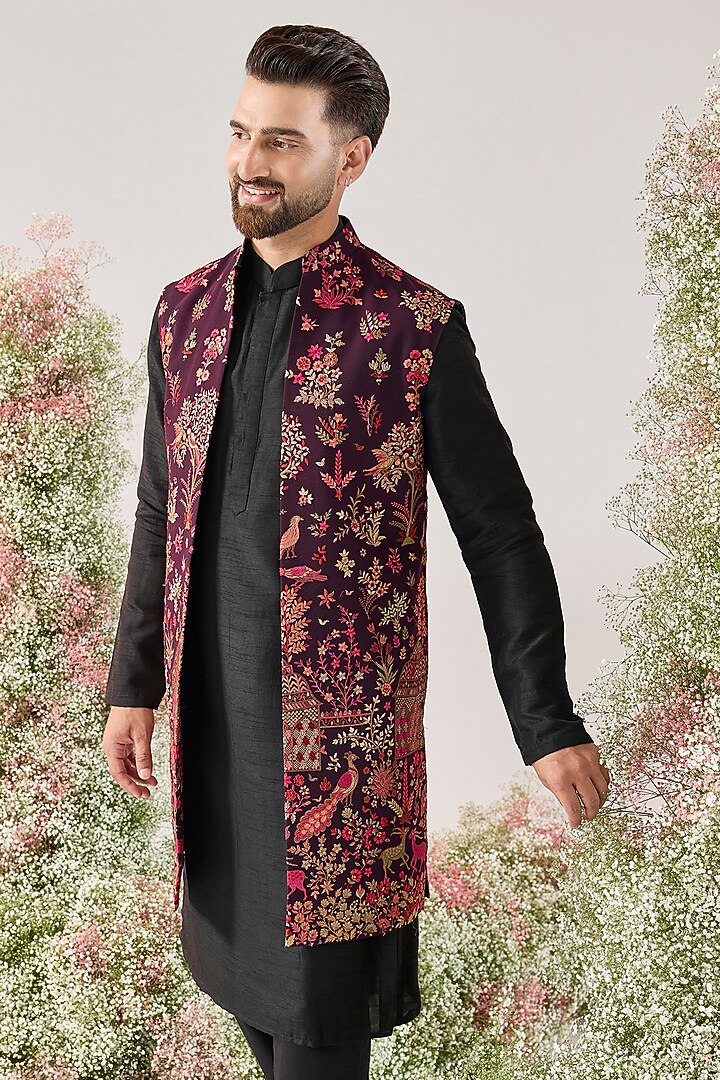 Wine Georgette Floral & Fauna Motifs Long Jacket by Kasbah Clothing at Pernia's Pop Up Shop