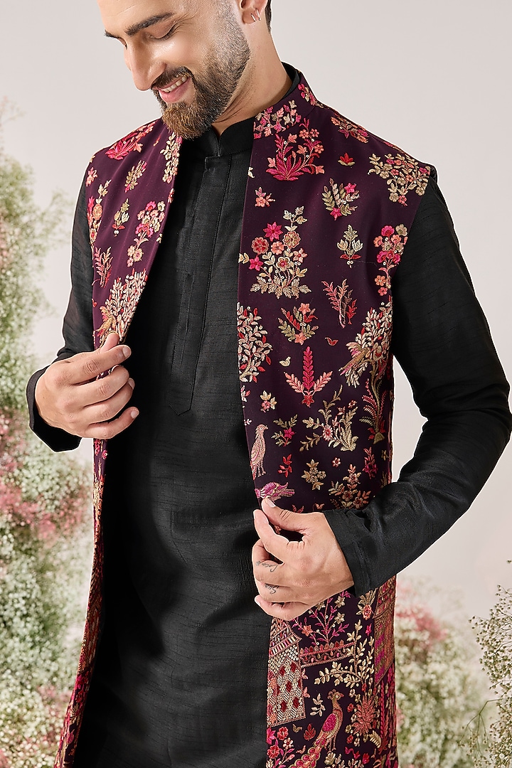 Wine Georgette Floral & Fauna Motifs Long Jacket by Kasbah Clothing at Pernia's Pop Up Shop