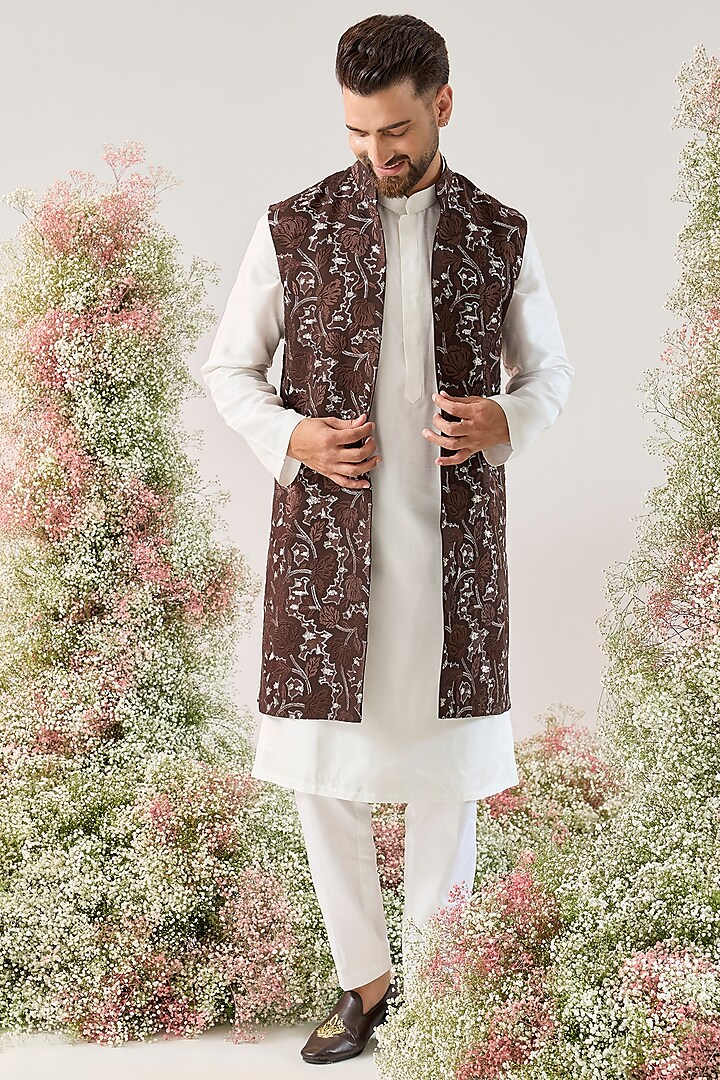 Wine Georgette Floral Pattern Long Open Jacket by Kasbah Clothing