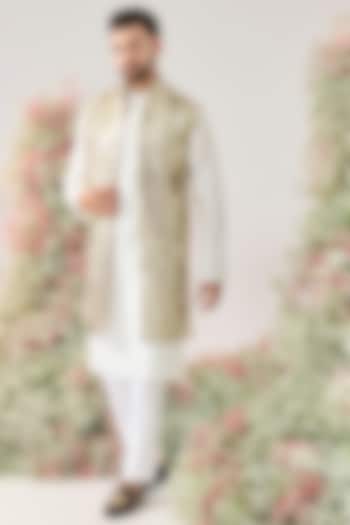 White-Gold Georgette Sequined Long Open Jacket by Kasbah Clothing