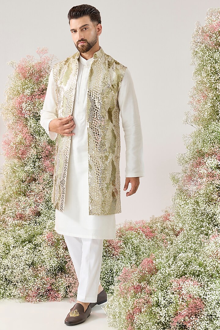 White-Gold Georgette Sequined Long Open Jacket by Kasbah Clothing