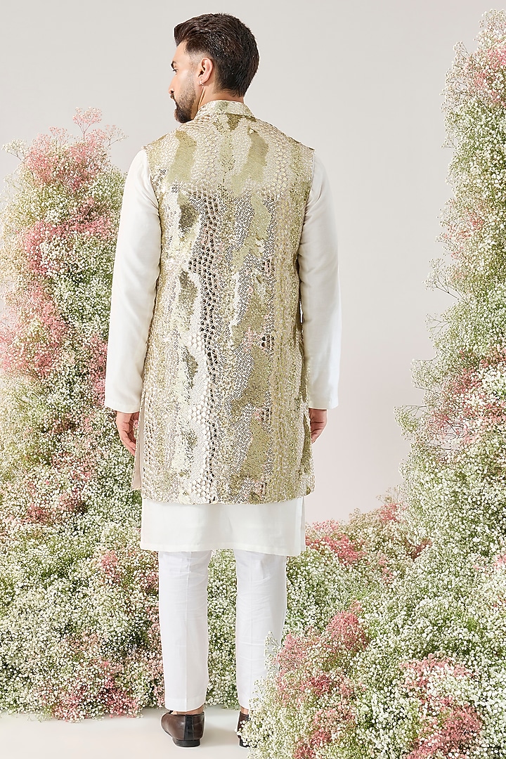 White-Gold Georgette Sequined Long Open Jacket by Kasbah Clothing at Pernia's Pop Up Shop