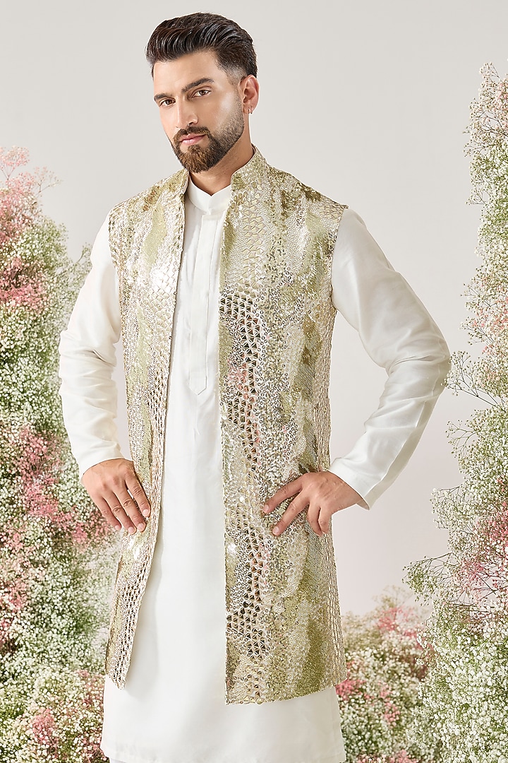 White-Gold Georgette Sequined Long Open Jacket by Kasbah Clothing at Pernia's Pop Up Shop